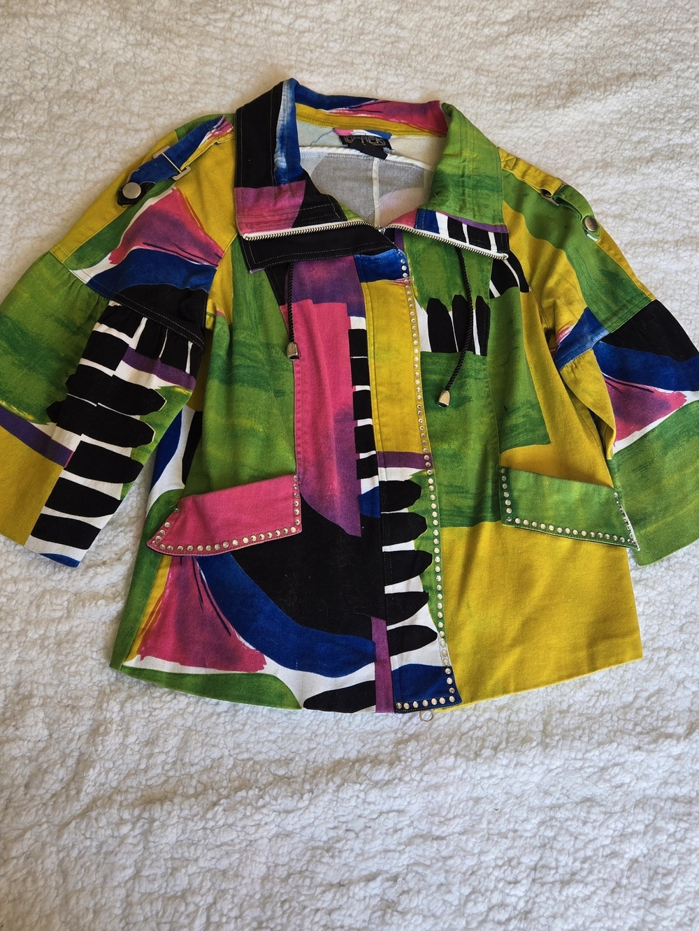 Y2K Colorful Abstract Studded Moto Jacket Size L VINTAGE